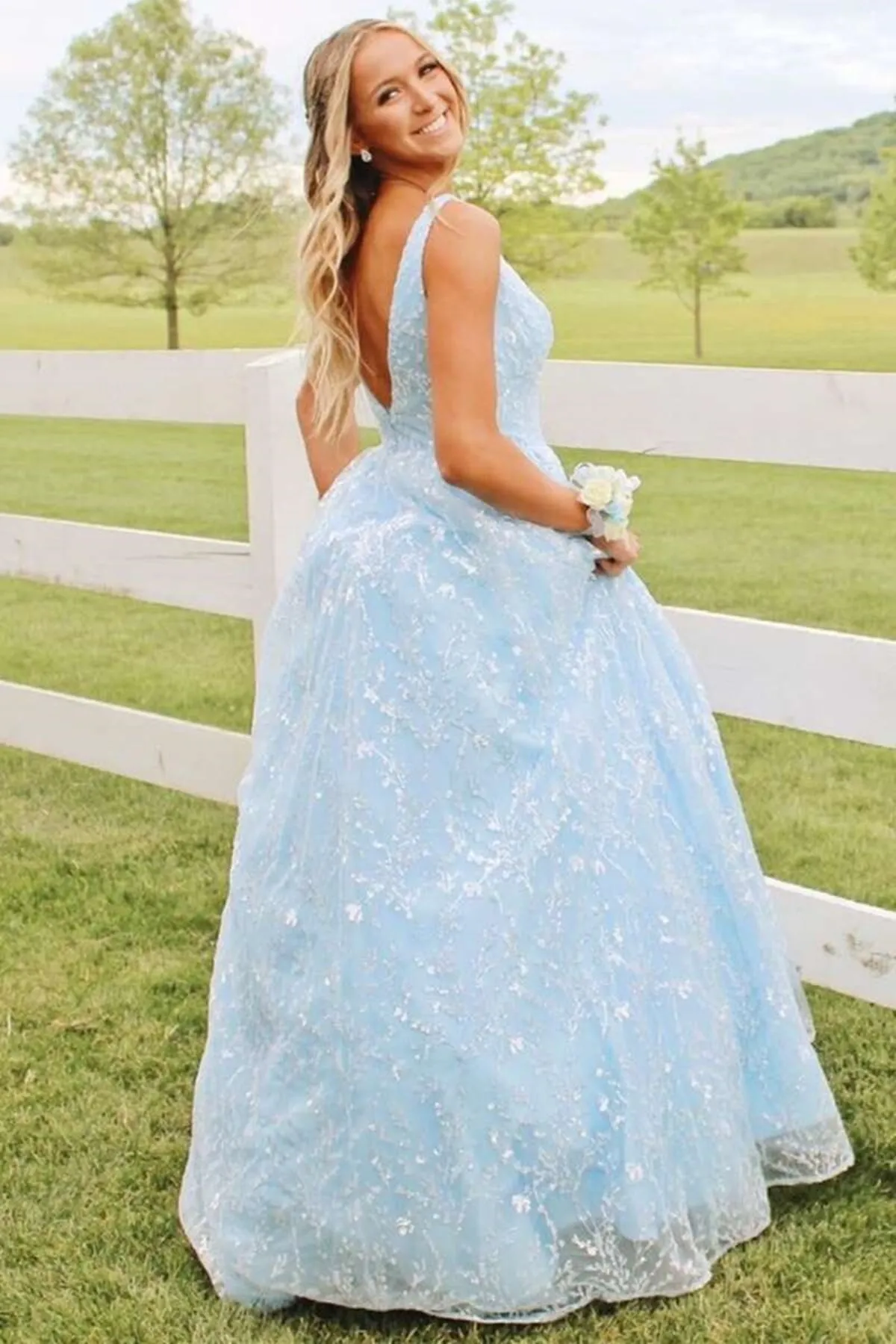 Gorgeous V Neck Light Blue Lace Prom Dress with Pocket, Long Formal Gown GP377