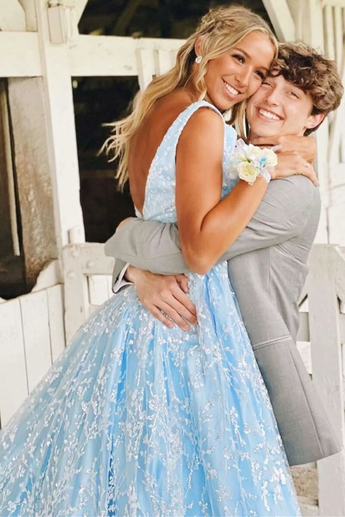 Gorgeous V Neck Light Blue Lace Prom Dress with Pocket, Long Formal Gown GP377