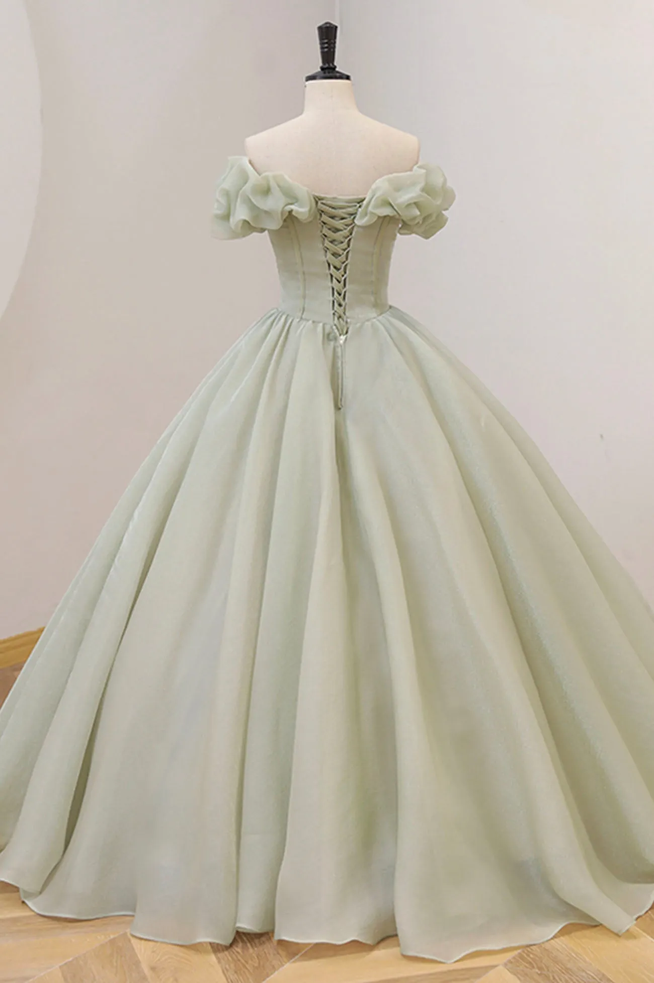 Green A-Line Tulle Long Prom Dress with Beaded, Off the Shoulder Evening Dress