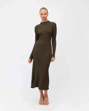 High Neck Long Sleeved Knit Dress - Olive