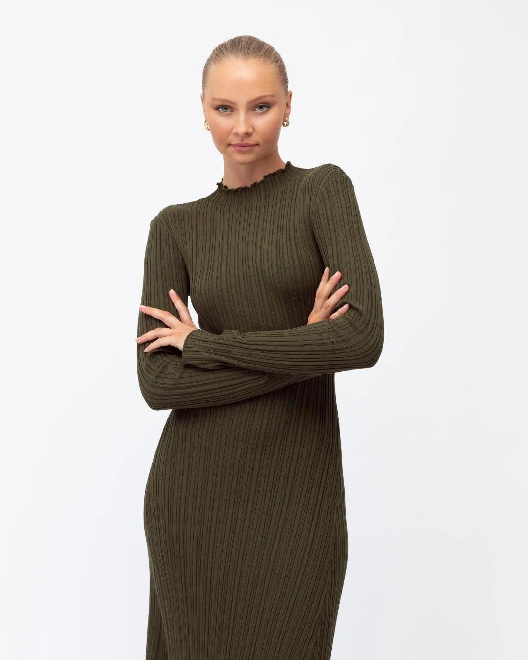 High Neck Long Sleeved Knit Dress - Olive