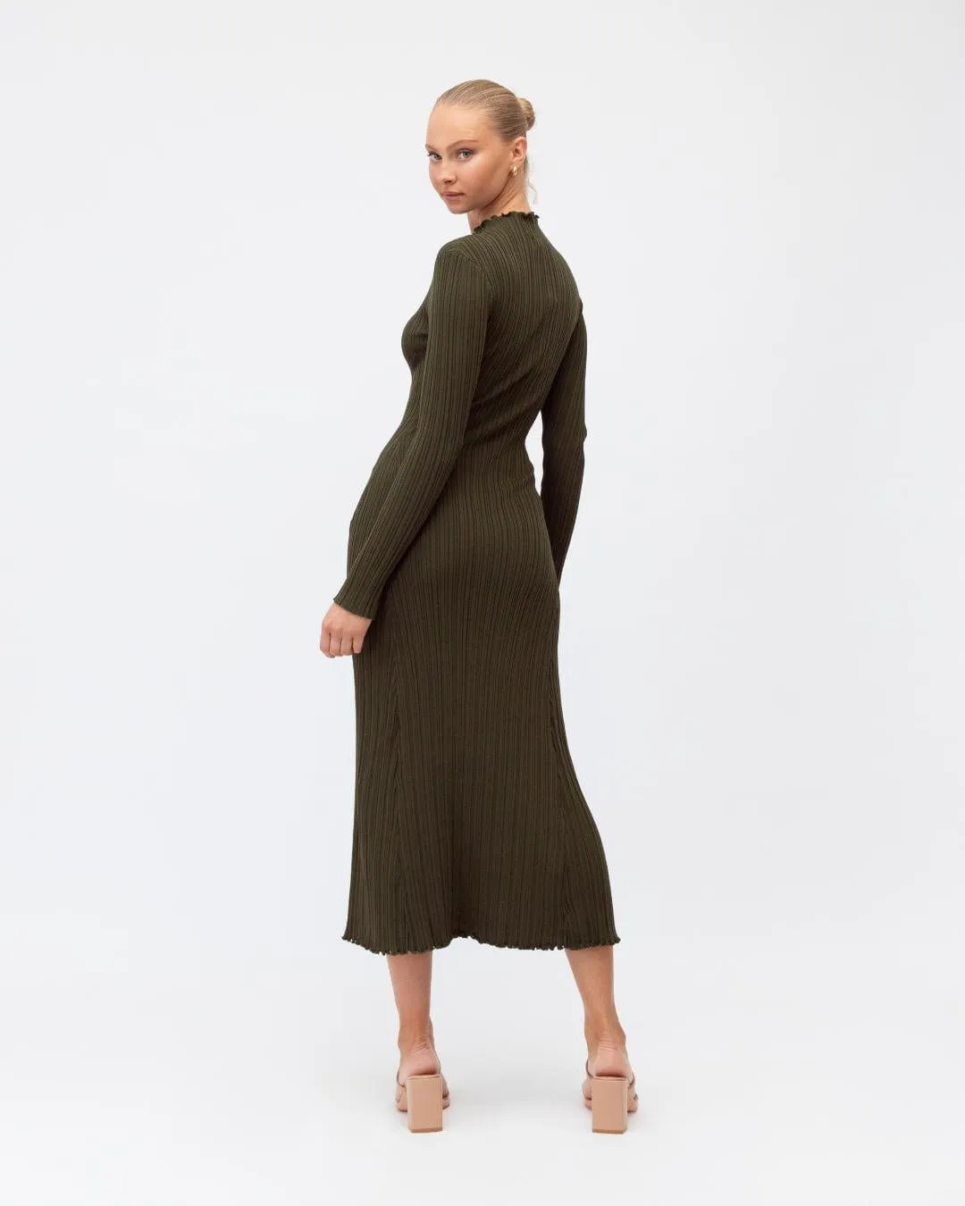 High Neck Long Sleeved Knit Dress - Olive