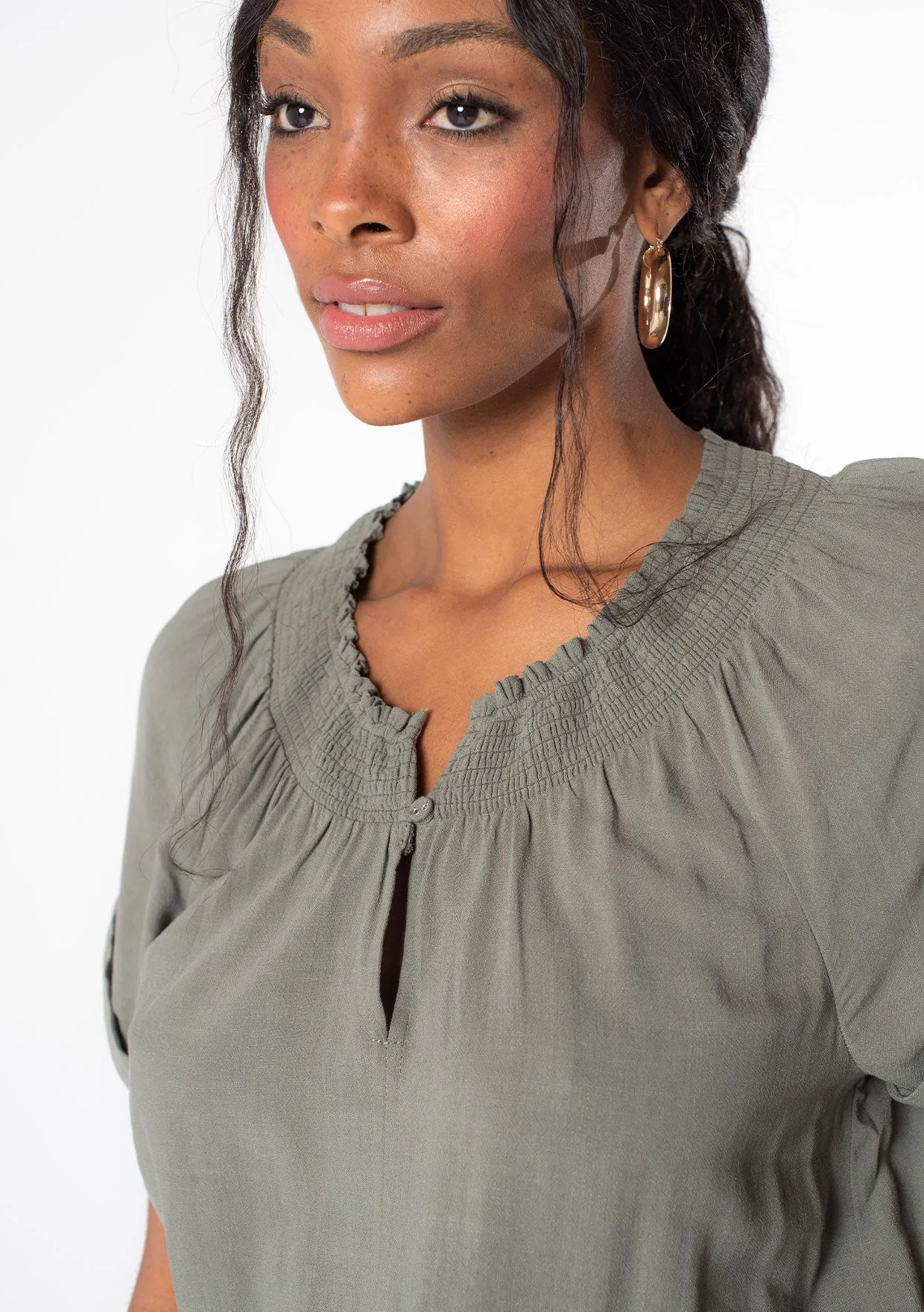 Linen Blend Short Sleeve Smocked Romper
