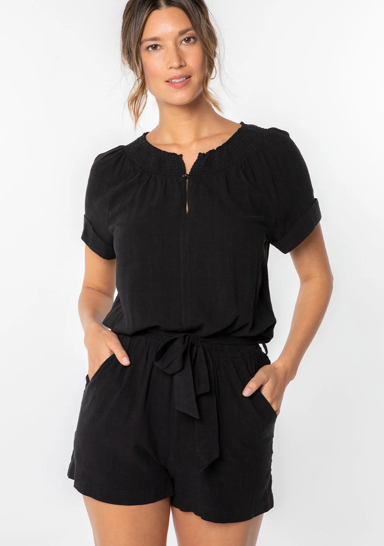 Linen Blend Short Sleeve Smocked Romper