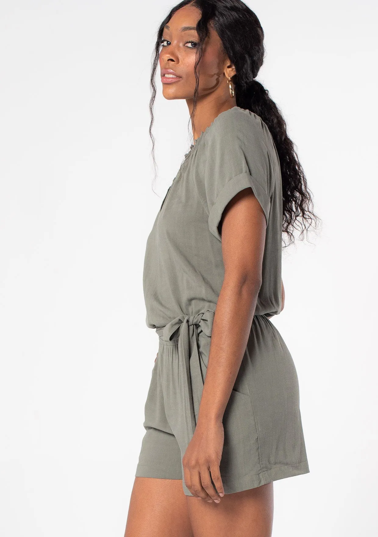 Linen Blend Short Sleeve Smocked Romper