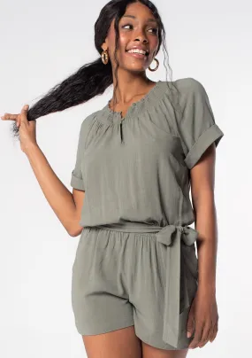 Linen Blend Short Sleeve Smocked Romper