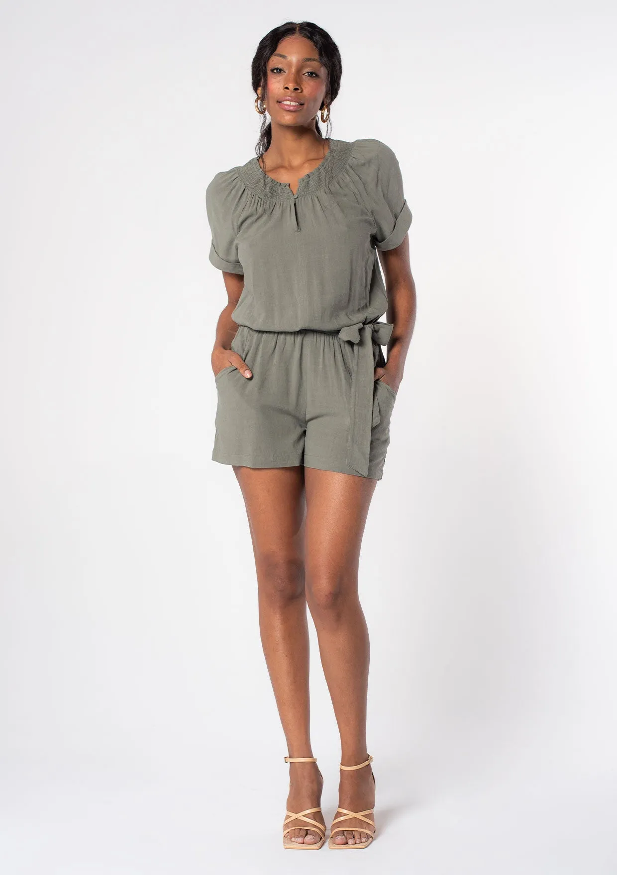 Linen Blend Short Sleeve Smocked Romper