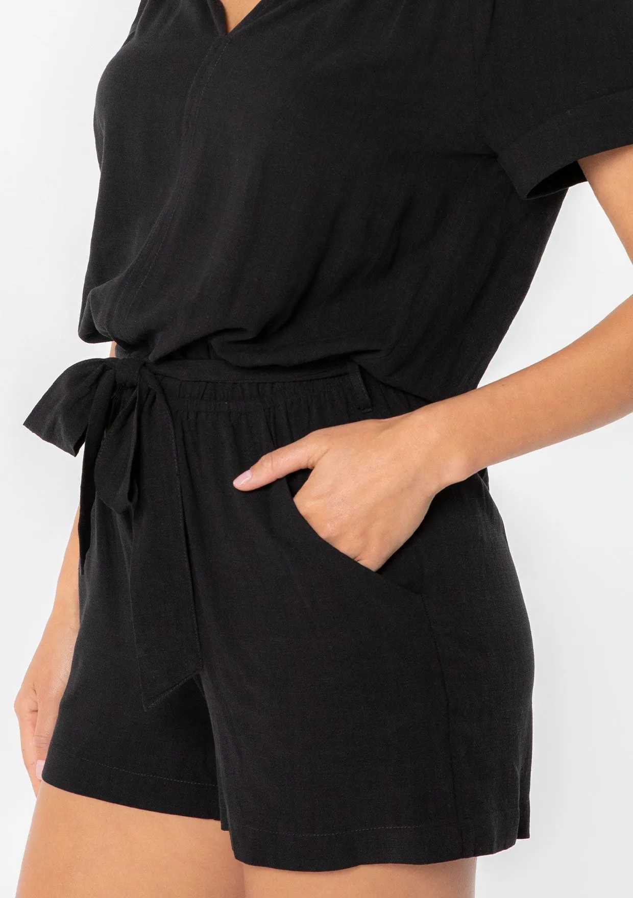 Linen Blend Short Sleeve Smocked Romper