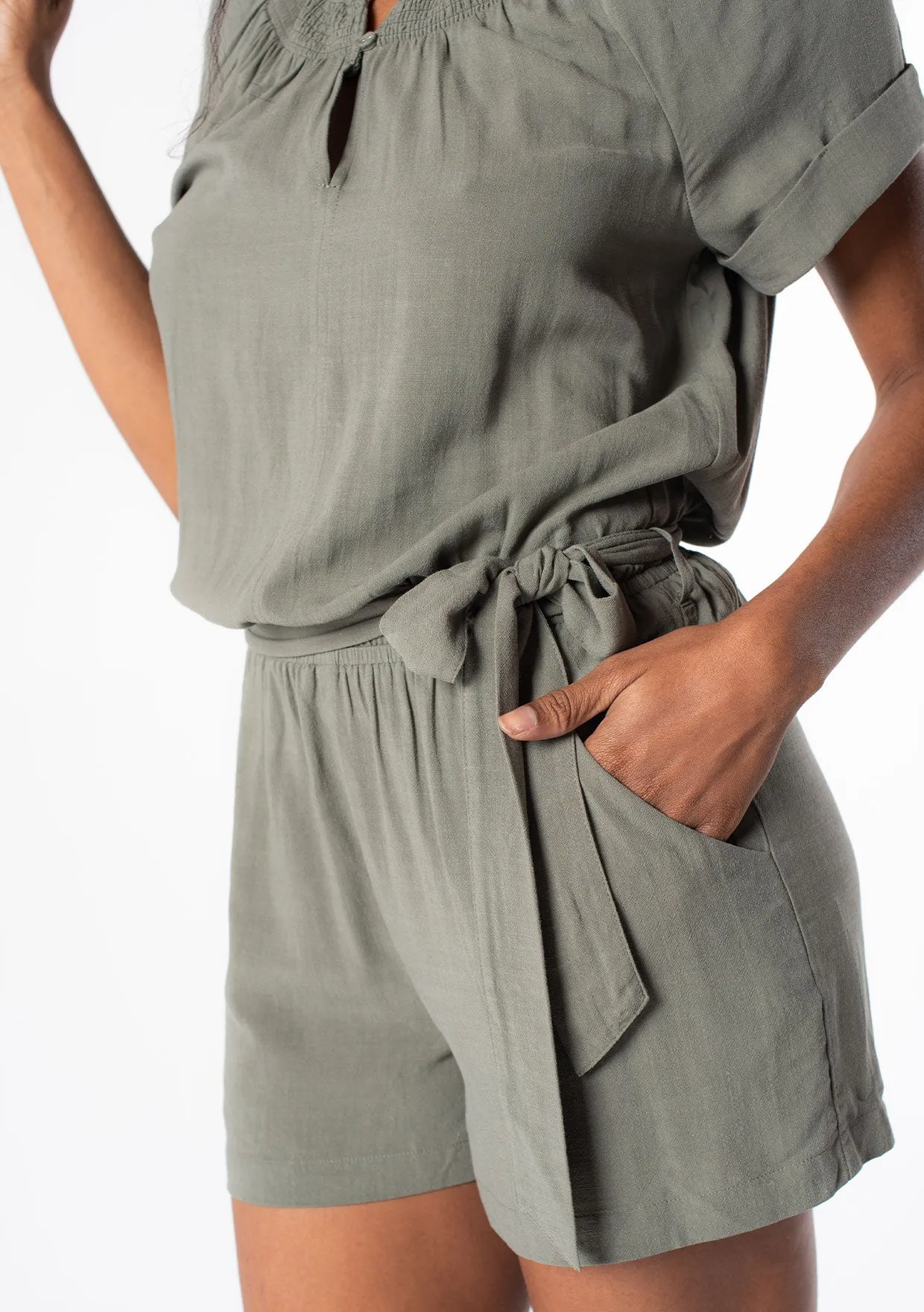 Linen Blend Short Sleeve Smocked Romper