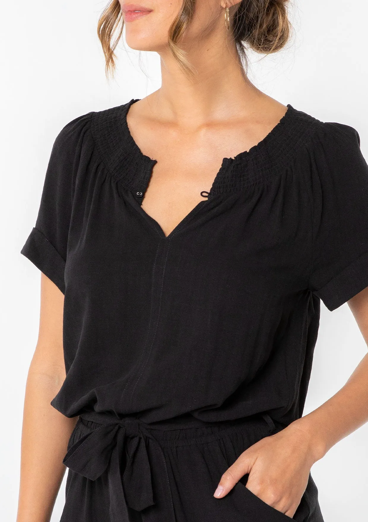 Linen Blend Short Sleeve Smocked Romper