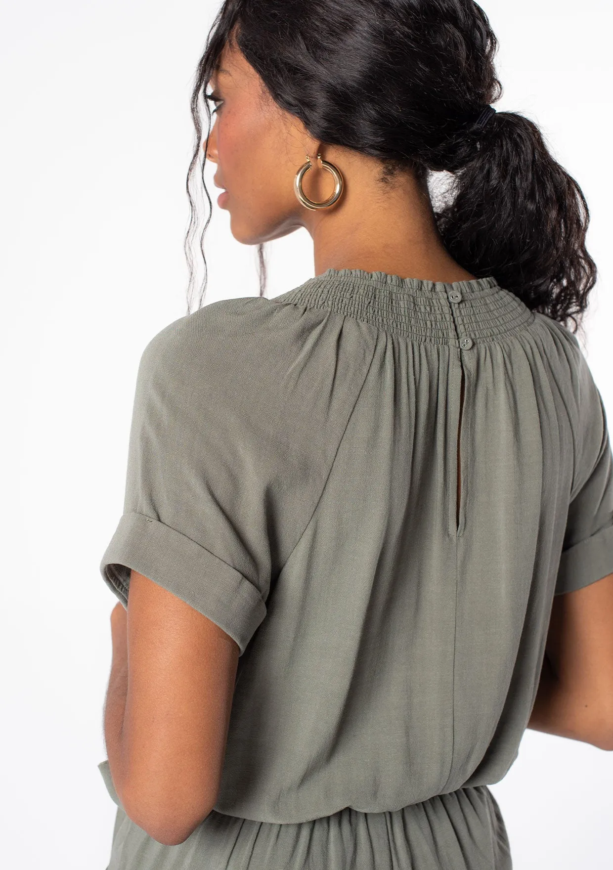 Linen Blend Short Sleeve Smocked Romper