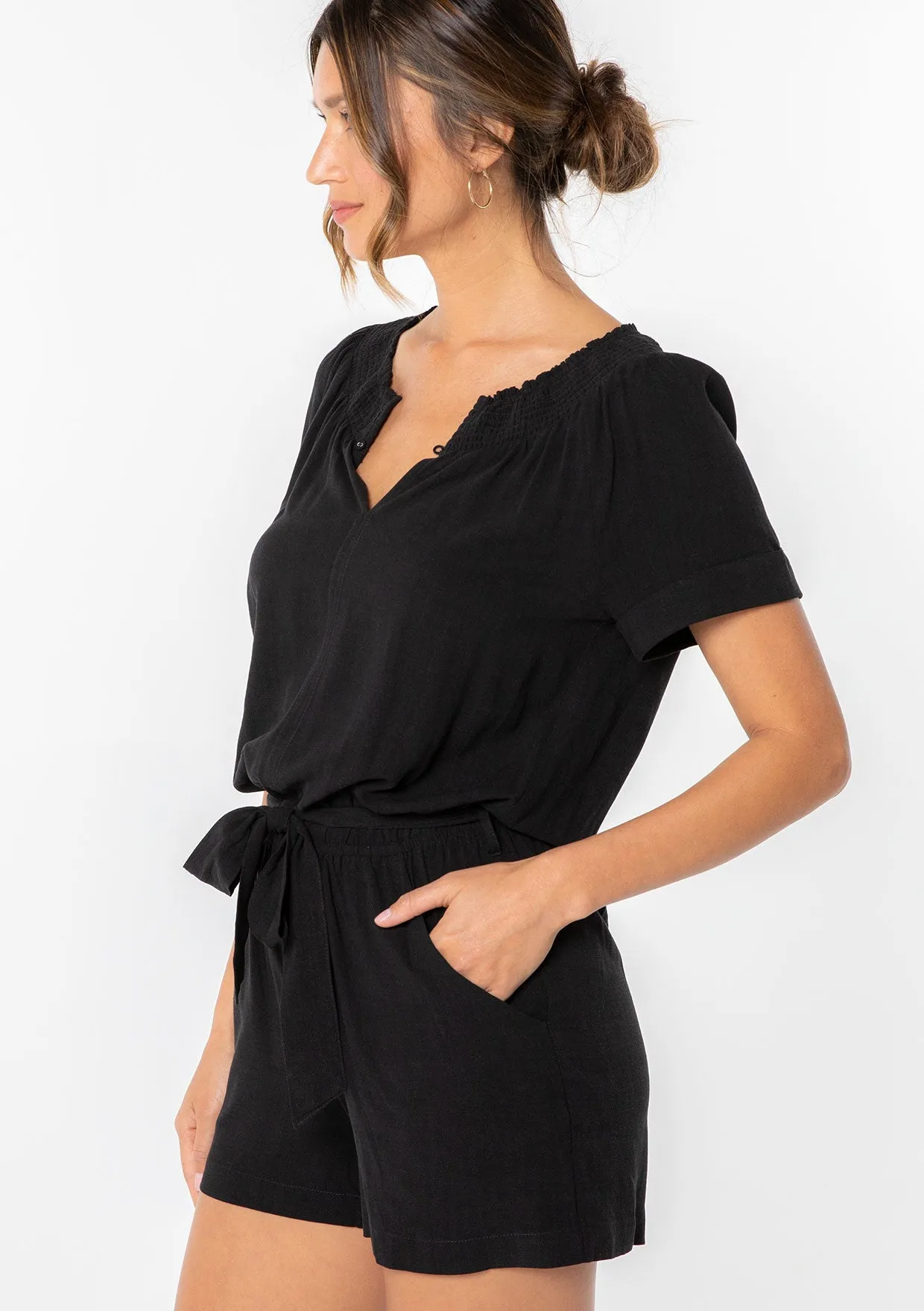 Linen Blend Short Sleeve Smocked Romper