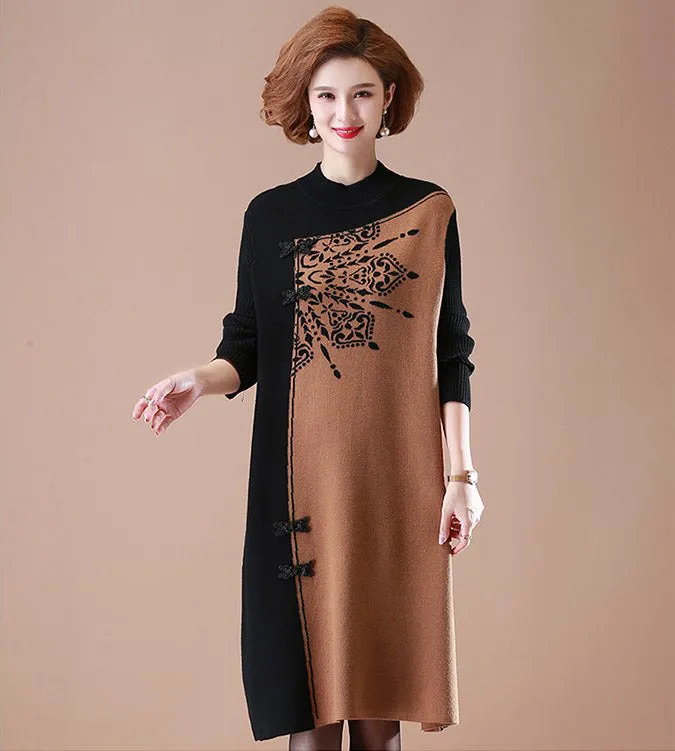 Long Sleeve Knee Length A-line Floral Knit Dress with Frog Buttons