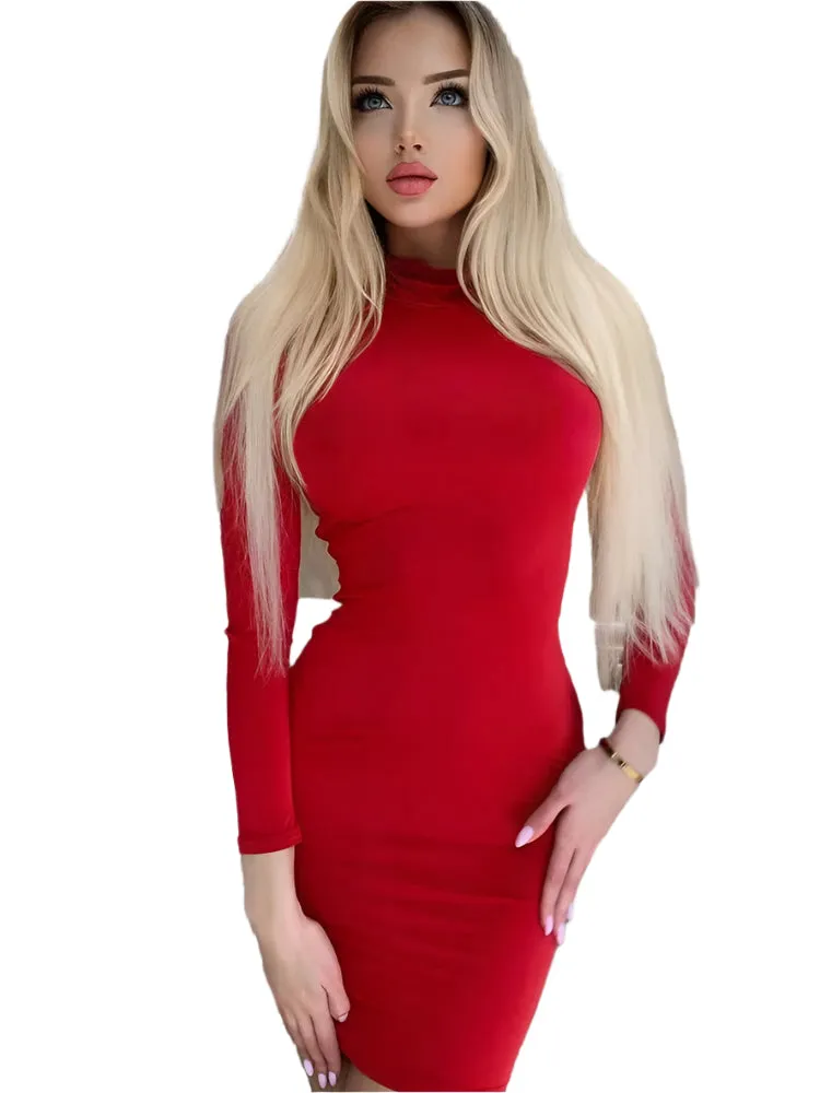 Long Sleeve Slim Bodycon Mini Dress for Women - Turtleneck Pleated Party Ruched Short Evening Club Outfit
