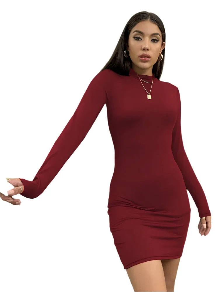 Long Sleeve Slim Bodycon Mini Dress for Women - Turtleneck Pleated Party Ruched Short Evening Club Outfit