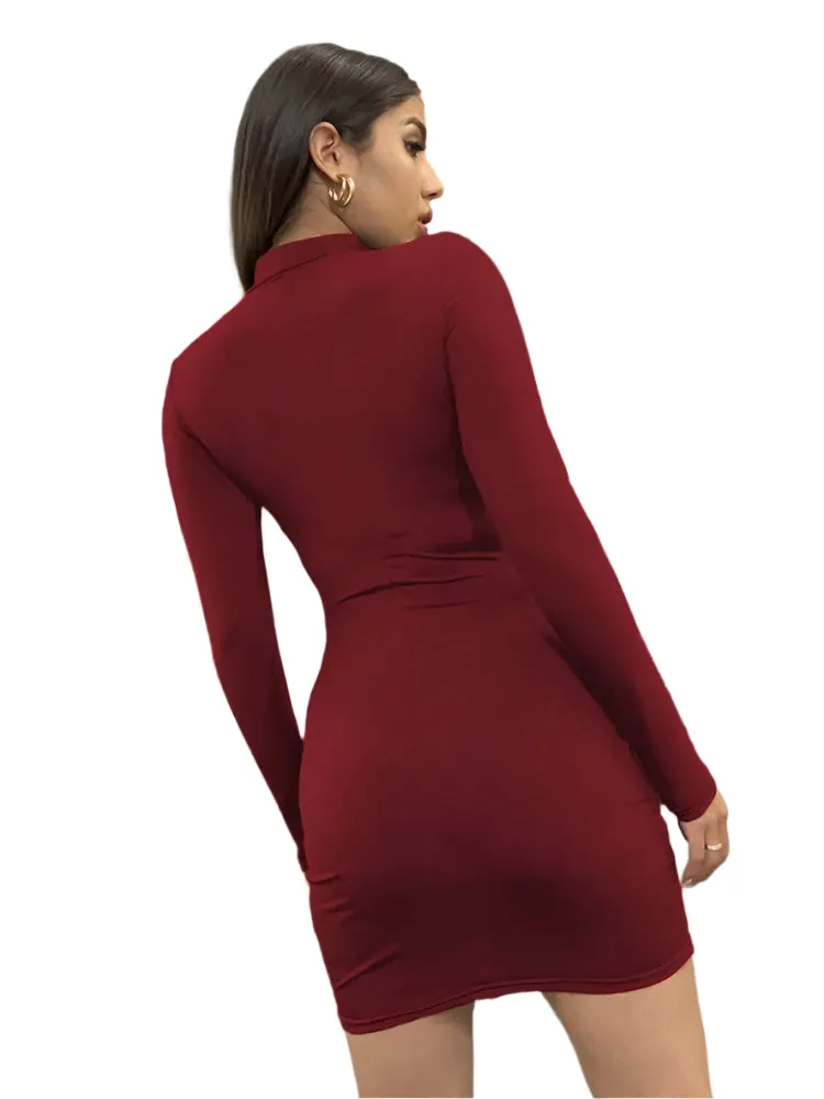 Long Sleeve Slim Bodycon Mini Dress for Women - Turtleneck Pleated Party Ruched Short Evening Club Outfit