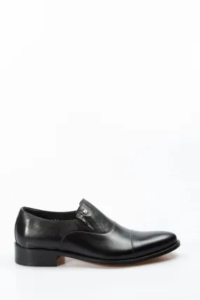 Men's Black Leather Slip-On Shoes with Cap Toe - Wessi