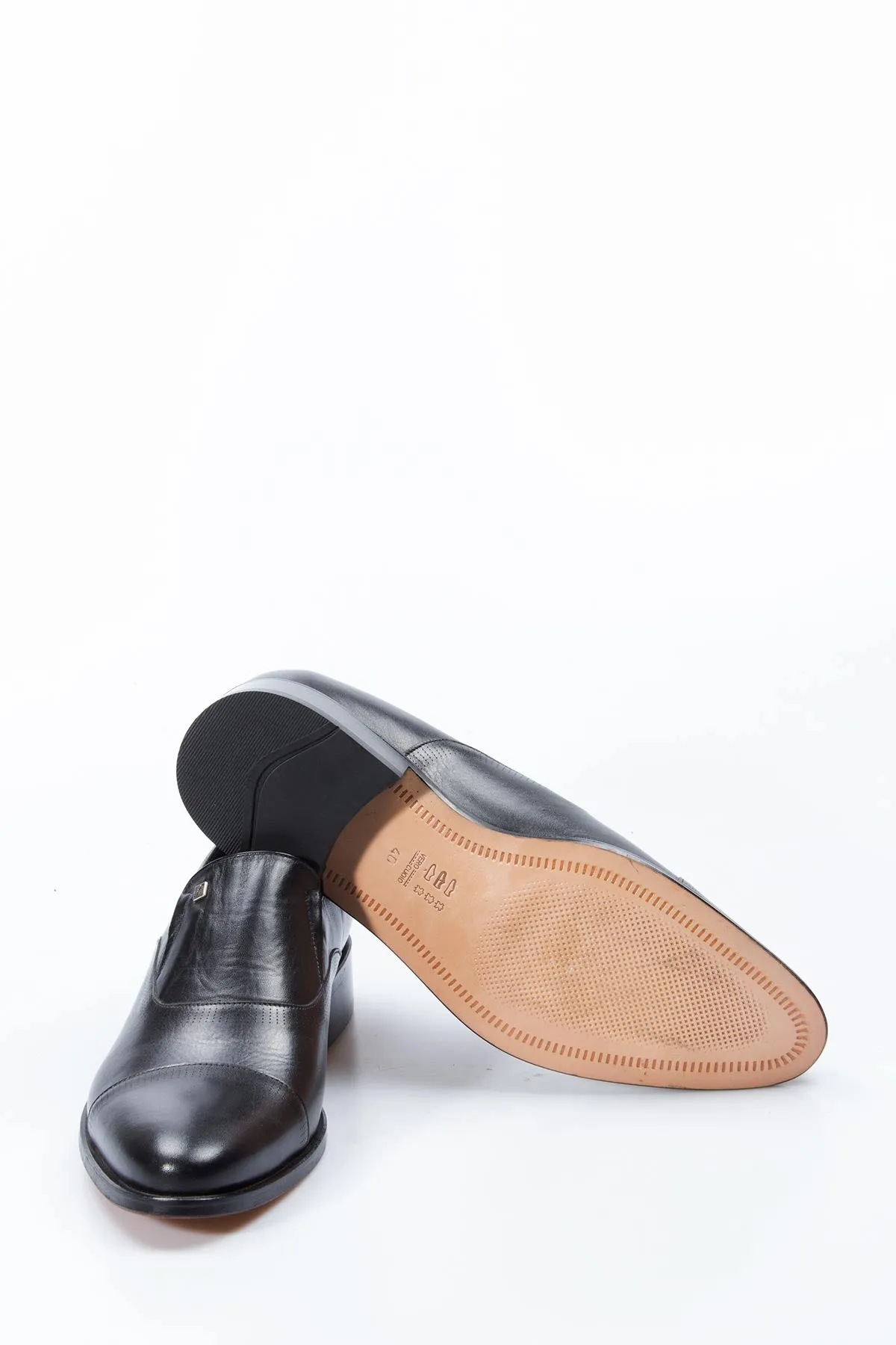 Men's Black Leather Slip-On Shoes with Cap Toe - Wessi