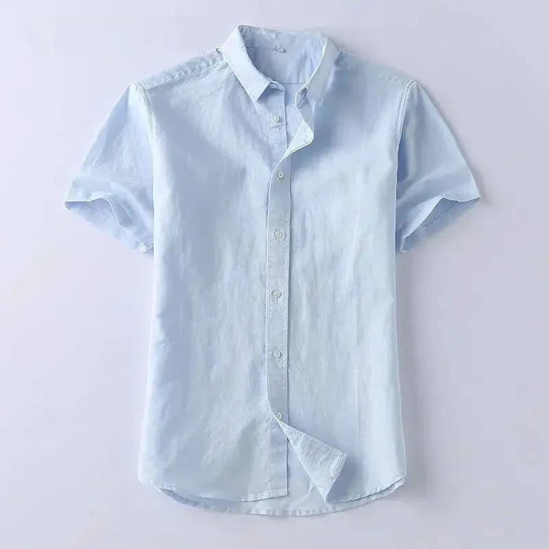 Men's Summer Cotton Linen Shirt – Short Sleeve, Slim Fit, Lightweight & Casual