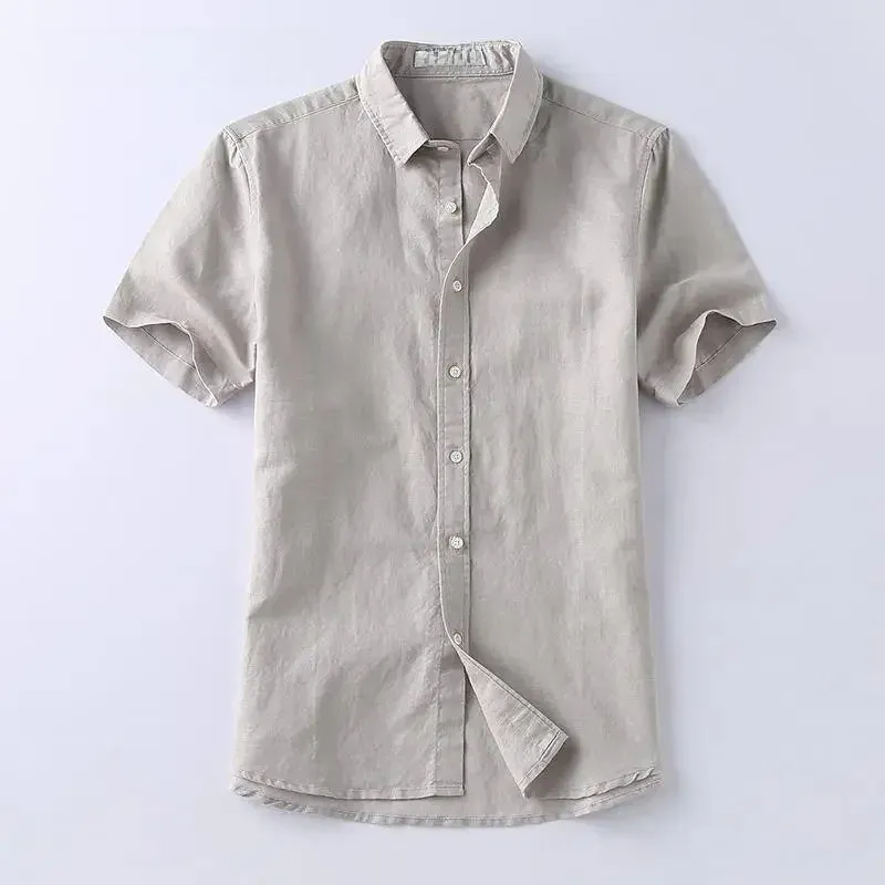 Men's Summer Cotton Linen Shirt – Short Sleeve, Slim Fit, Lightweight & Casual