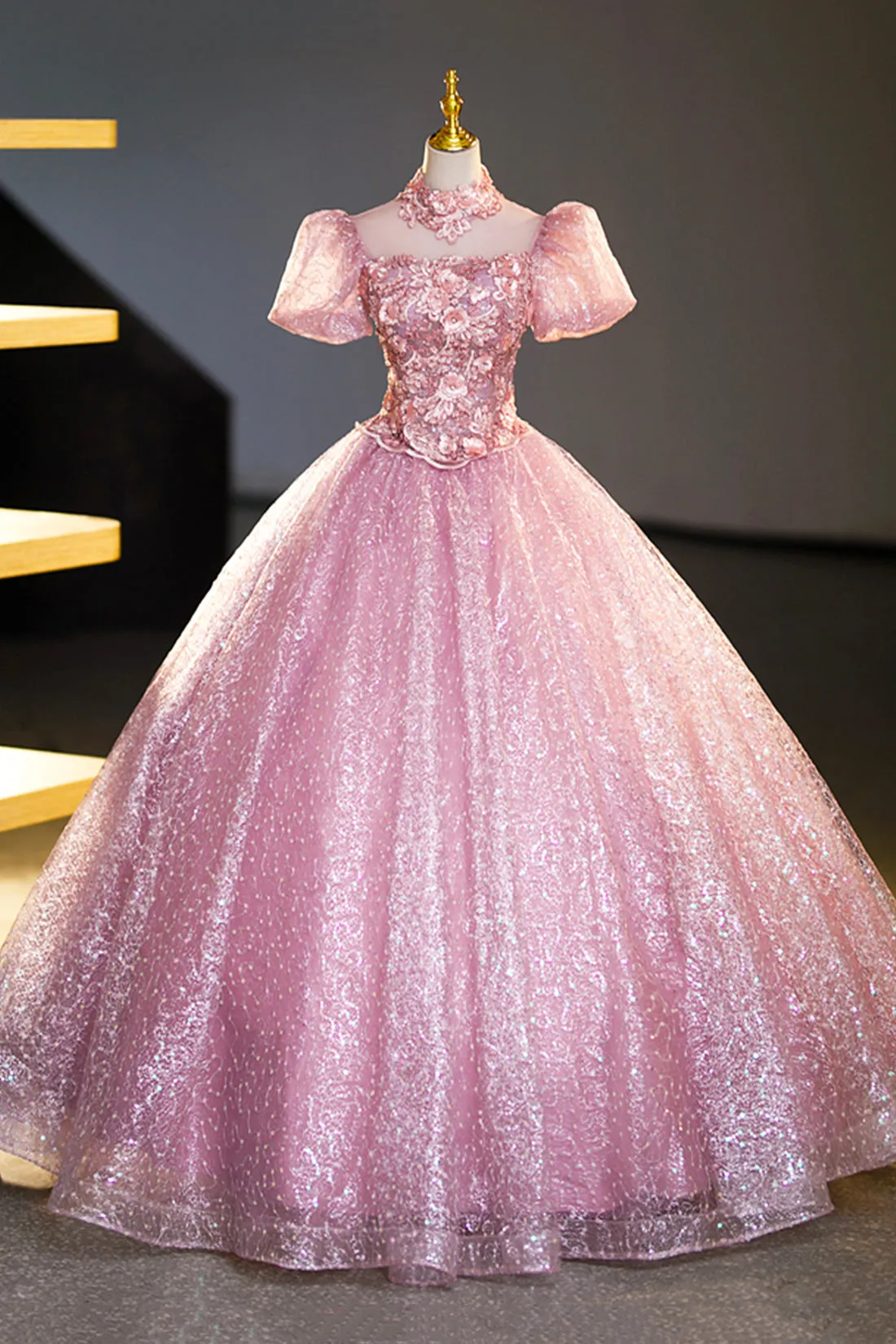 Pink Tulle Lace Princess Dress, Beautiful A-Line Evening Dress Sweet 16 Dress
