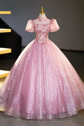 Pink Tulle Lace Princess Dress, Beautiful A-Line Evening Dress Sweet 16 Dress
