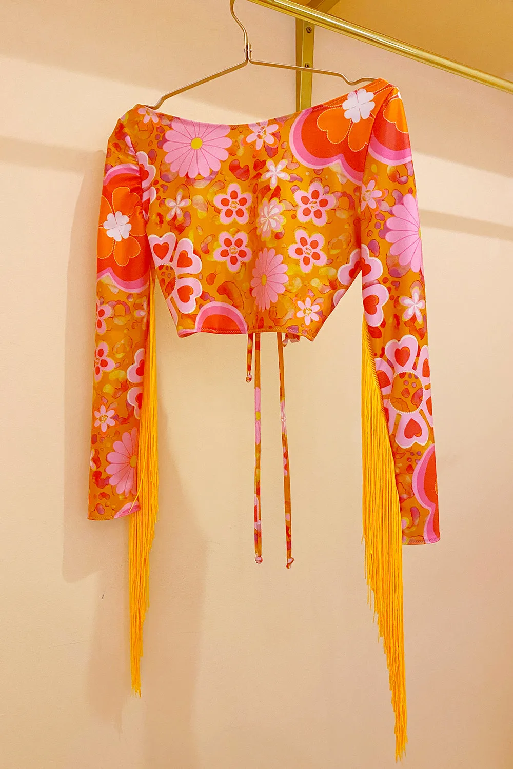 Printed Fringed Sleeve Cut Out Festival Top | Pastel | Loonigans