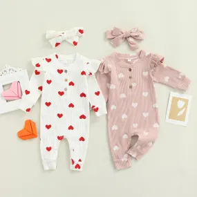 Ribbed Ruffle Heart Print Romper & Headwrap set