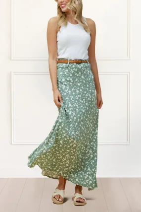 Serafina Long Maxi Skirt Flower Print Belt Included Green