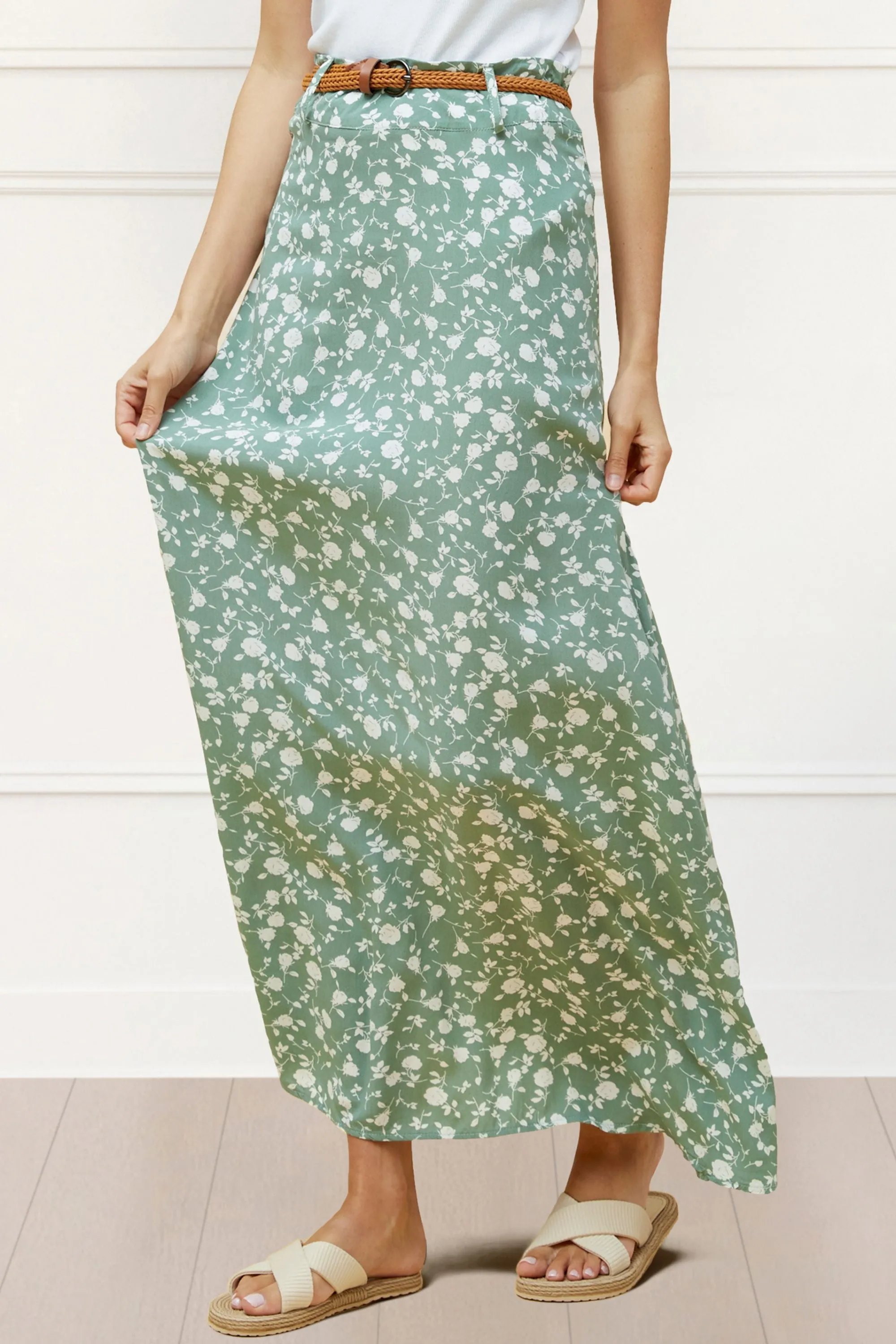Serafina Long Maxi Skirt Flower Print Belt Included Green