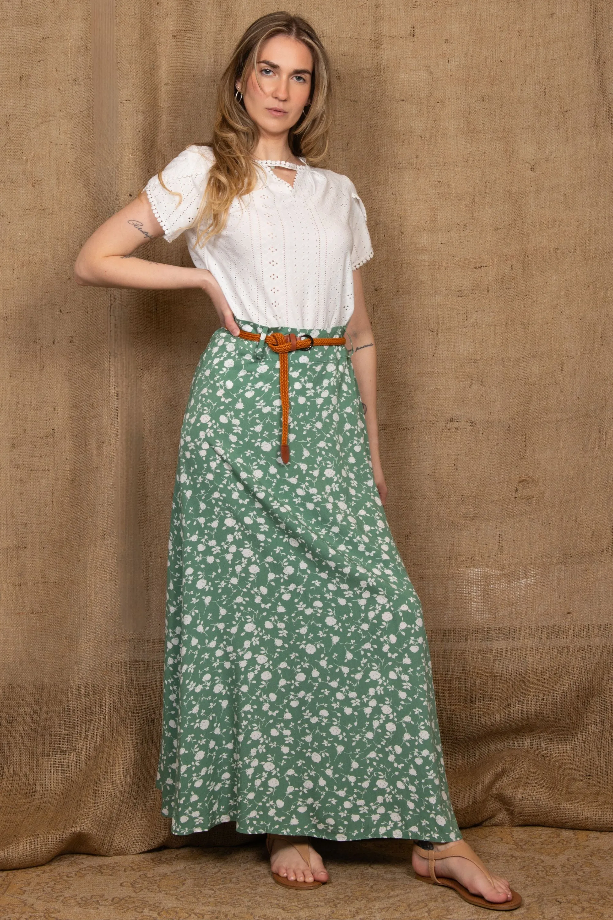 Serafina Long Maxi Skirt Flower Print Belt Included Green