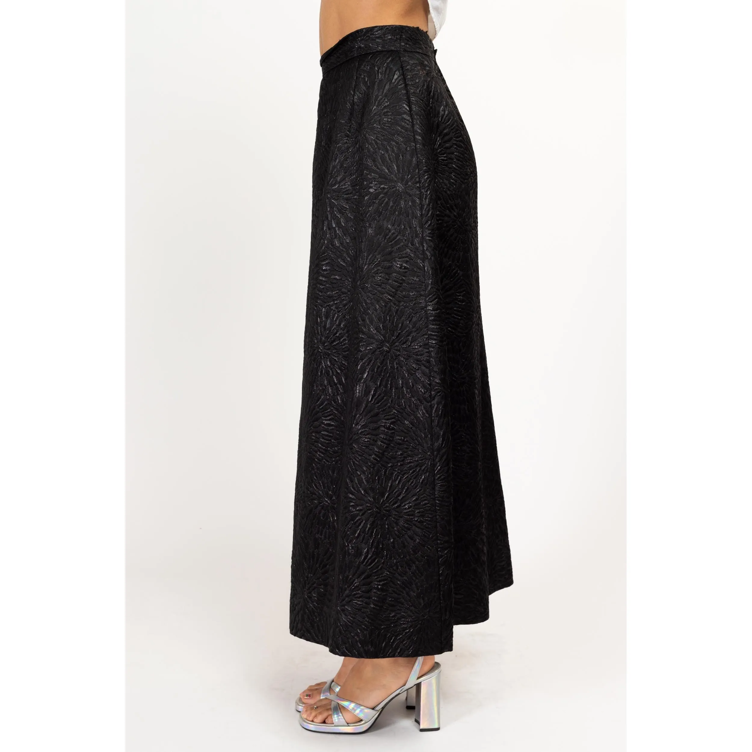 Small 80s Black Floral Embossed Maxi Skirt 26.5"