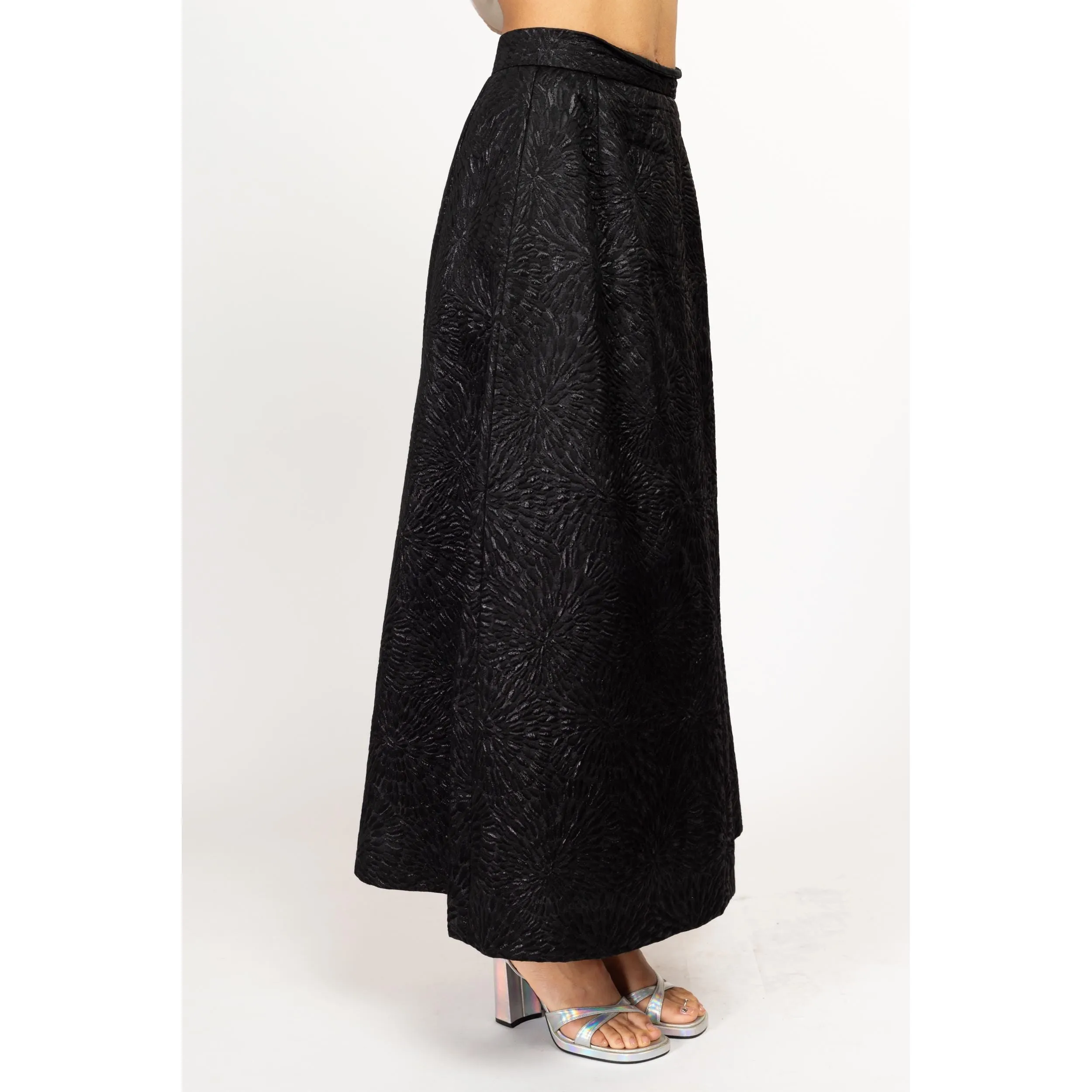 Small 80s Black Floral Embossed Maxi Skirt 26.5"