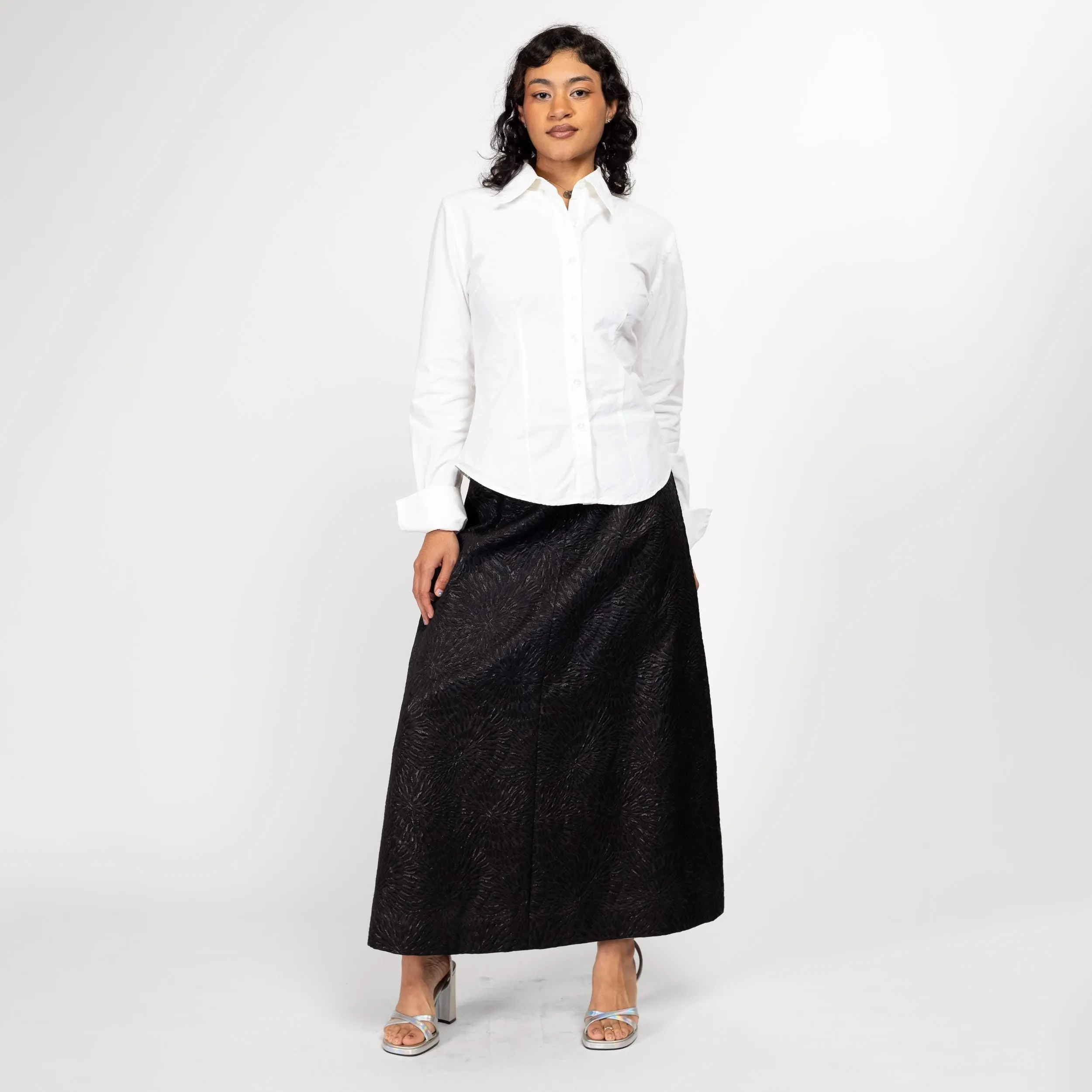 Small 80s Black Floral Embossed Maxi Skirt 26.5"