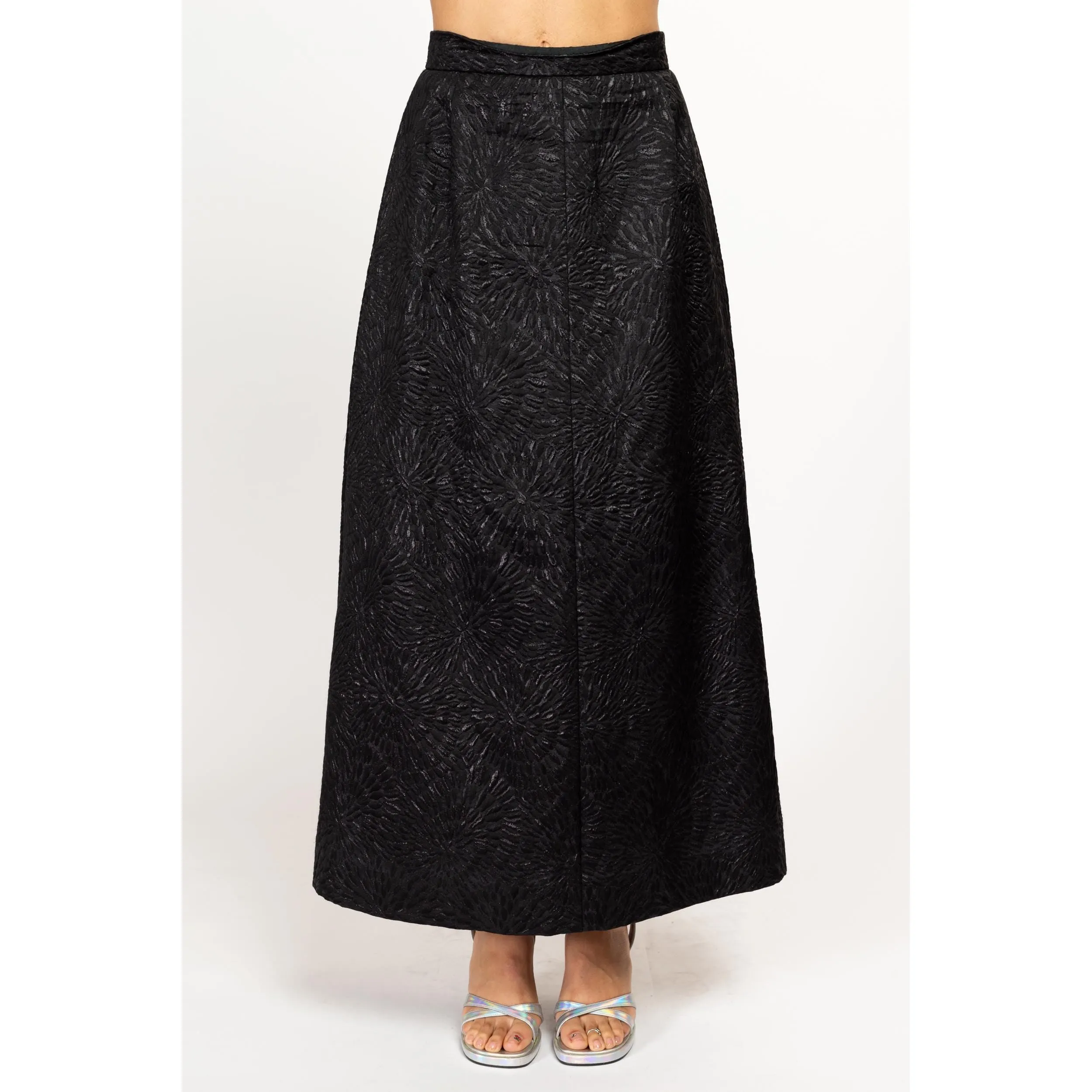 Small 80s Black Floral Embossed Maxi Skirt 26.5"