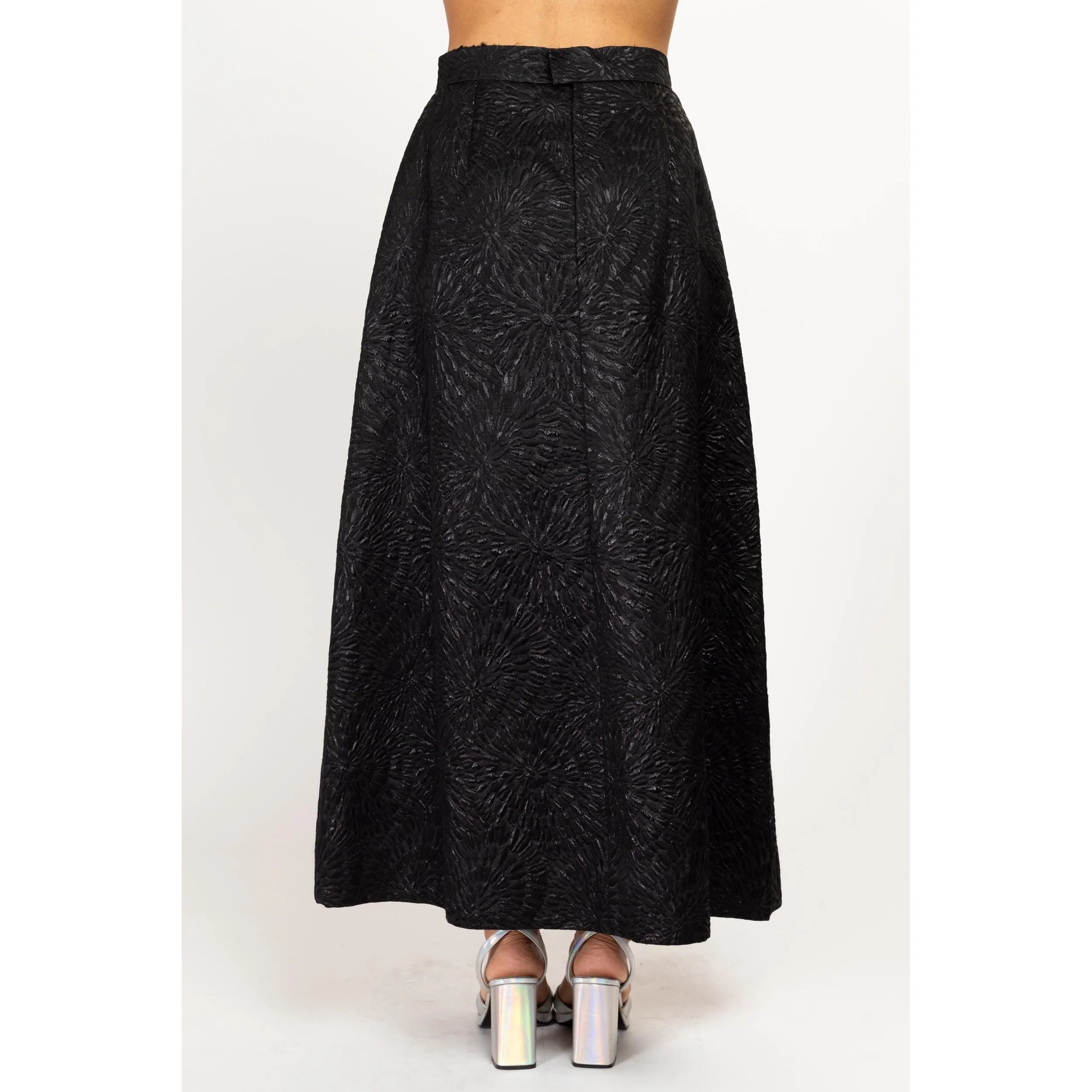 Small 80s Black Floral Embossed Maxi Skirt 26.5"