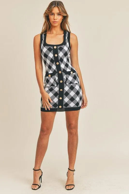 stretch knit button front plaid tank dress