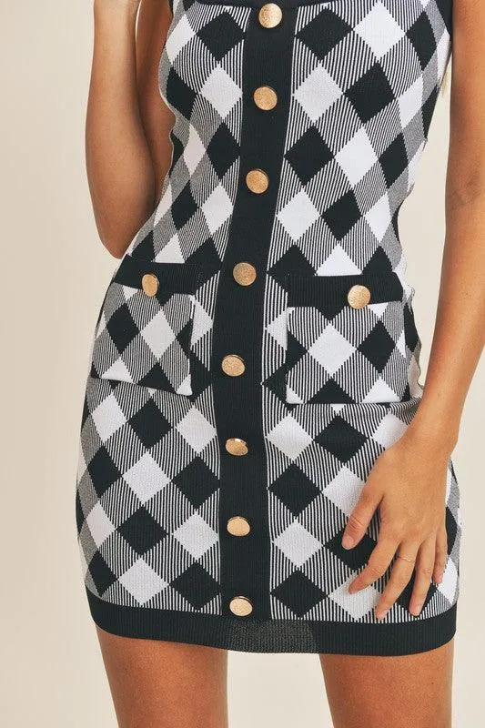 stretch knit button front plaid tank dress