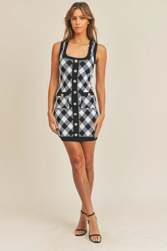 stretch knit button front plaid tank dress