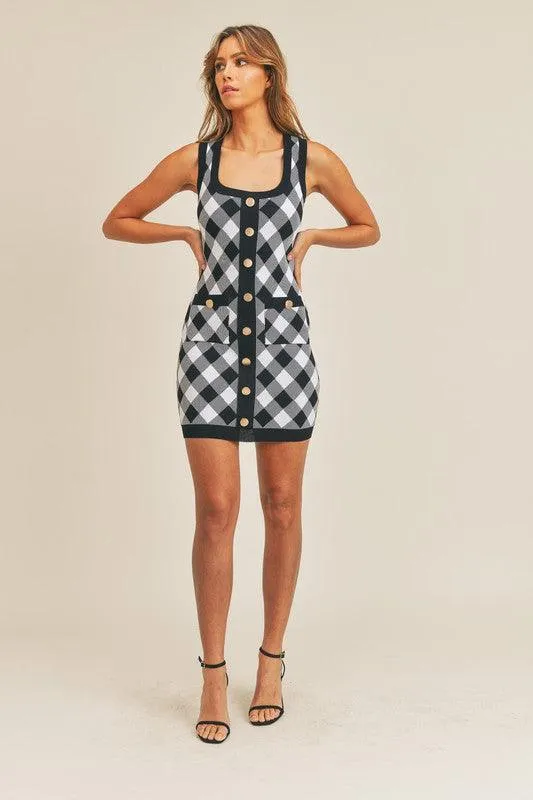 stretch knit button front plaid tank dress