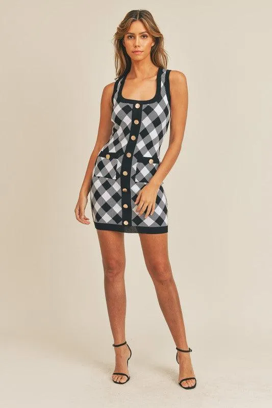 stretch knit button front plaid tank dress