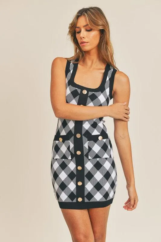 stretch knit button front plaid tank dress