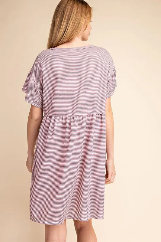 Terry Pin Stripe Ruffle Sleeve Babydoll Dress