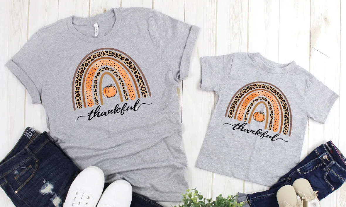 Thankful Rainbow Pumpkin Thanksgiving Autumn Hay Ride Orchard Adult Kids Toddler Long Sleeve Shirt