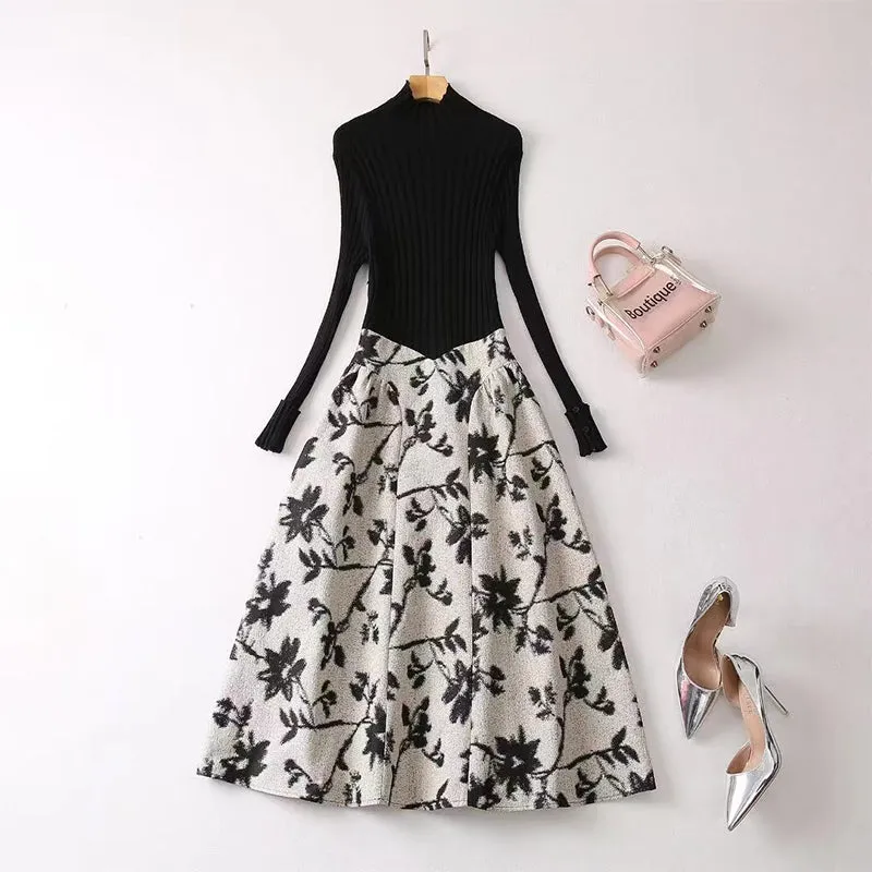 Turtleneck Long Sleeve Black Sweater Panel Hem Printed Dress