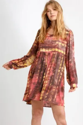 Umgee Tie Dye Long Sleeve Babydoll Dress with Keyhole
