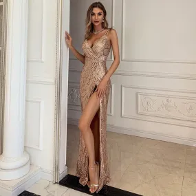 V-Neck Spaghetti Strap Sequin Gown with Leg Slit