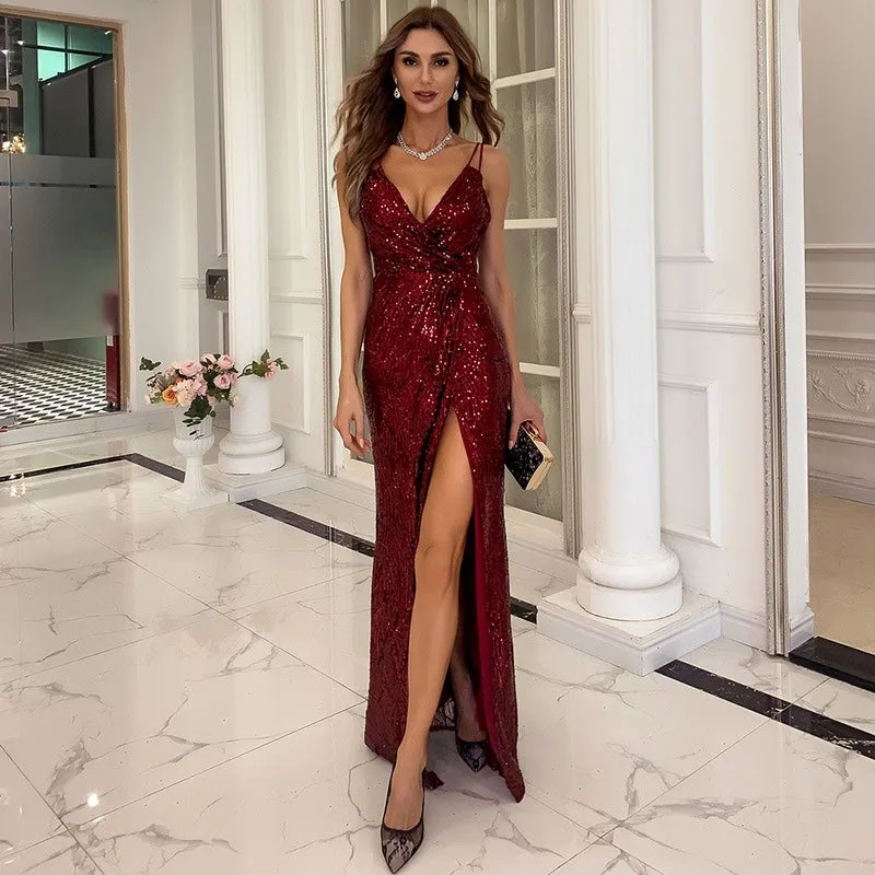 V-Neck Spaghetti Strap Sequin Gown with Leg Slit