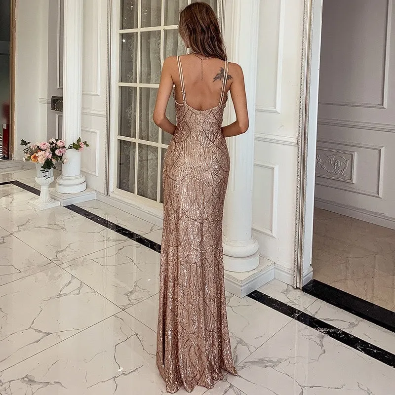 V-Neck Spaghetti Strap Sequin Gown with Leg Slit