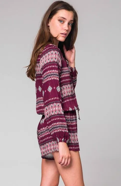 What's Happening Burgundy Boho Print Long Sleeve Romper
